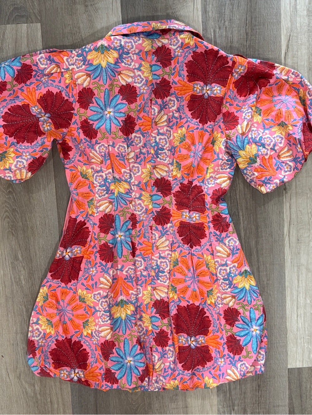 Floral Puff-Sleeve Button-Front Mini Dress in Pink - 100% Cotton - Picture 8 of 11